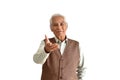 Asian senior old man, Confident and smiling elderly people with hand welcome gesture on white background.