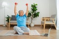 Asian senior woman lifting dumbbell for exercise and workout at home. Active mature woman doing stretching exercise in living room Royalty Free Stock Photo