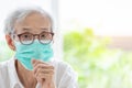 Asian senior woman suffer from cough with face mask protection,elderly woman wearing face mask because of air pollution,Sick old Royalty Free Stock Photo