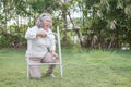 Asian Senior woman try to walking with walker falling in garden park and having knee pain. kneel Arthritis pain concept. old Royalty Free Stock Photo