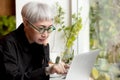 Asian senior woman working on laptop computer on desk in the coffee shop, elderly businesswoman using notebook to internet online. Royalty Free Stock Photo