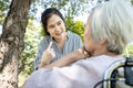 Asian senior woman is confused because she can not remember the face of their family,problem of memory loss in elderly people, Royalty Free Stock Photo