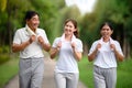 Asian Seniors and Daughter Jogging and Relaxing in the Park, Family Bonding in Nature, Seniors and Family Enjoying Exercise and