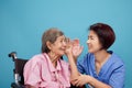 Asian seniors woman hearing loss ,Hard of hearing