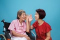 Asian seniors woman hearing loss ,Hard of hearing try to talk with daughter