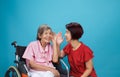 Asian seniors woman hearing loss ,Hard of hearing try to talk with daughter