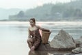 Asian sexy woman washing in streams The girl was bathing in the brook, woman washing in the stream, country girl portrait in