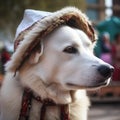 Asian Shepherd, alabai, dog in a shaggy national asian hat, papakha, shepherd dog, portrait, close-up.