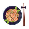 Asian Shrimp stir fry noodles. Japanese soba noodles with shrimp in dark plate. Asian food with chopsticks top view. Vector