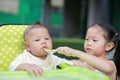 Asian sister feeding food for her little brother with love on the plastic chair Royalty Free Stock Photo