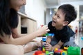 Asian sister is helping the parent to take care of her little brother and playing toys together at home,happy kid boy and child Royalty Free Stock Photo