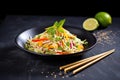 asian slaw with mandarin slices, black slate background