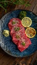 Asian sliced raw wagyu beef bbq with abundant space for adding text and captions