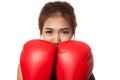 Asian slim girl guard with red boxing glove Royalty Free Stock Photo