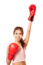 Asian slim girl win the fight with red boxing glove Royalty Free Stock Photo