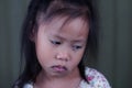 Asian small girl pucker up her mouth feel upset or dissatisfied head shot studio portrait on beige background, concept of naughty