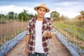 Asian smart farmer holding tablet in his organic farm. Technology and agriculture concept