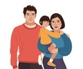 Asian smiling family portrait. Chinese mother, father and little daughter. Vector illustration simple