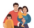 Asian smiling family portrait. Chinese mother, father and little daughters. Vector illustration simple Royalty Free Stock Photo