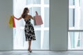 Asian smiling woman so happy shopping online with her shopping in casual clothing with shopping bags. Royalty Free Stock Photo