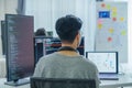 Asian software developers working on multiple screens displaying code and application diagrams in a modern office