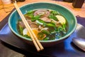 Asian soup with beef, noodles and egg, similar to pho bo or ramen Royalty Free Stock Photo