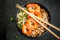 Asian soup with noodles and shrimps prawns Royalty Free Stock Photo