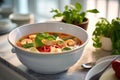 Asian soup with seafood. Tom Yam soup with shrimp in bowl. Royalty Free Stock Photo