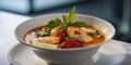 Asian soup with seafood. Tom Yam soup with shrimp in bowl. Royalty Free Stock Photo