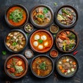 Asian Soups Set with Kespe Soup, Kullama or Beshbarmak, Fish Soup Bouillabaisse Royalty Free Stock Photo