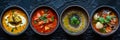 Asian Soups Set with Kespe Soup, Kullama or Beshbarmak, Fish Soup Bouillabaisse Royalty Free Stock Photo