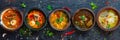 Asian Soups Set with Kespe Soup, Kullama or Beshbarmak, Fish Soup Bouillabaisse Royalty Free Stock Photo