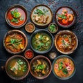 Asian Soups Set with Kespe Soup, Kullama or Beshbarmak, Fish Soup Bouillabaisse Royalty Free Stock Photo