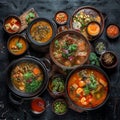 Asian Soups Set with Kespe Soup, Kullama or Beshbarmak, Fish Soup Bouillabaisse Royalty Free Stock Photo