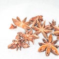 Asian spices, Star anise spice fruits and seeds isolated on white background closeup Royalty Free Stock Photo