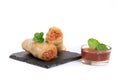 Asian spring rolls and sauce on white background