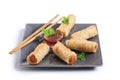 Asian spring rolls and sauce on white background