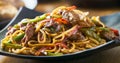 Asian stir fried noodles with beef peppers and onions panorama Royalty Free Stock Photo