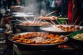 Asian street food. Traditional oriental dishes at street market. Generative AI