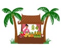 Asian street food vendor selling tropical fruit. Graphic illustration on white background
