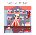 Asian street market with pottery and spices stores. Oriental herbal market