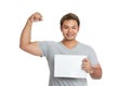 Asian strong man flexing biceps show blank sign and smile Royalty Free Stock Photo