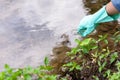 Asian student biology taking and testing sample of natural river water. Experts science women keep water for research analysis in Royalty Free Stock Photo