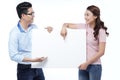 Asian student couple smiling with a message board isolated on white background Royalty Free Stock Photo