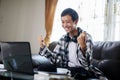 Asian student exciting in fron of laptop Royalty Free Stock Photo