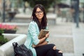 Asian student girl city portrait. Royalty Free Stock Photo