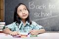 Asian student girl drawing on white paper with colorful crayons in the classroom with piles of books and blackboard background Royalty Free Stock Photo