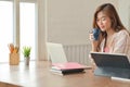 Asian student girl holding a coffee cup and using a laptop is working on a project to finish her studies Royalty Free Stock Photo