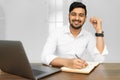 Asian student studying, learning language, online education concept. Portrait of handsome Indian businessman using Royalty Free Stock Photo