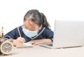 Asian student wearing protective mask,taking notes from laptop computer isolated on white Royalty Free Stock Photo